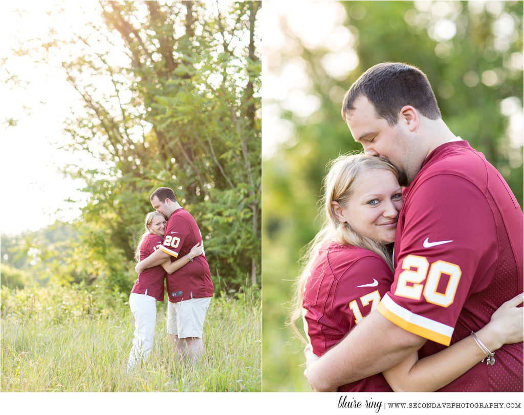 World's biggest Redskins fans engagement session in Loudoun County. Natural poses and beautiful candid moments.