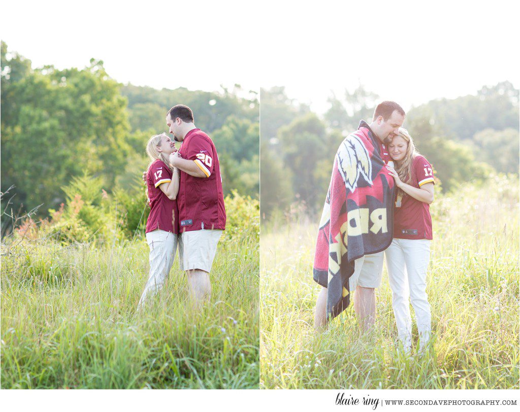 World's biggest Redskins fans engagement session in Loudoun County. Natural poses and beautiful candid moments.