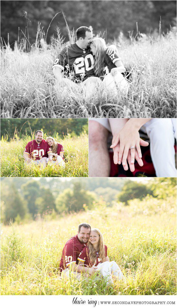 World's biggest Redskins fans engagement session in Loudoun County. Natural poses and beautiful candid moments.