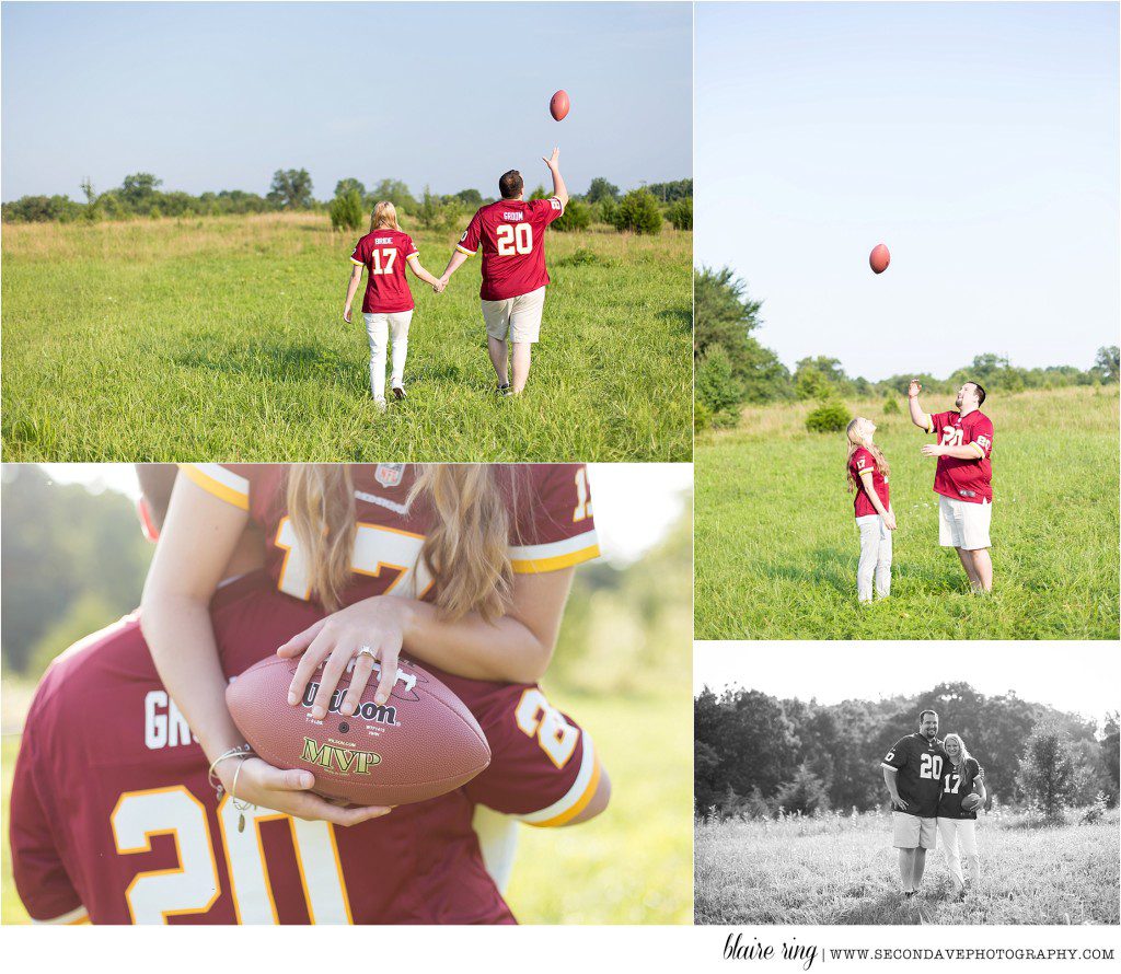 World's biggest Redskins fans engagement session in Loudoun County. Natural poses and beautiful candid moments.