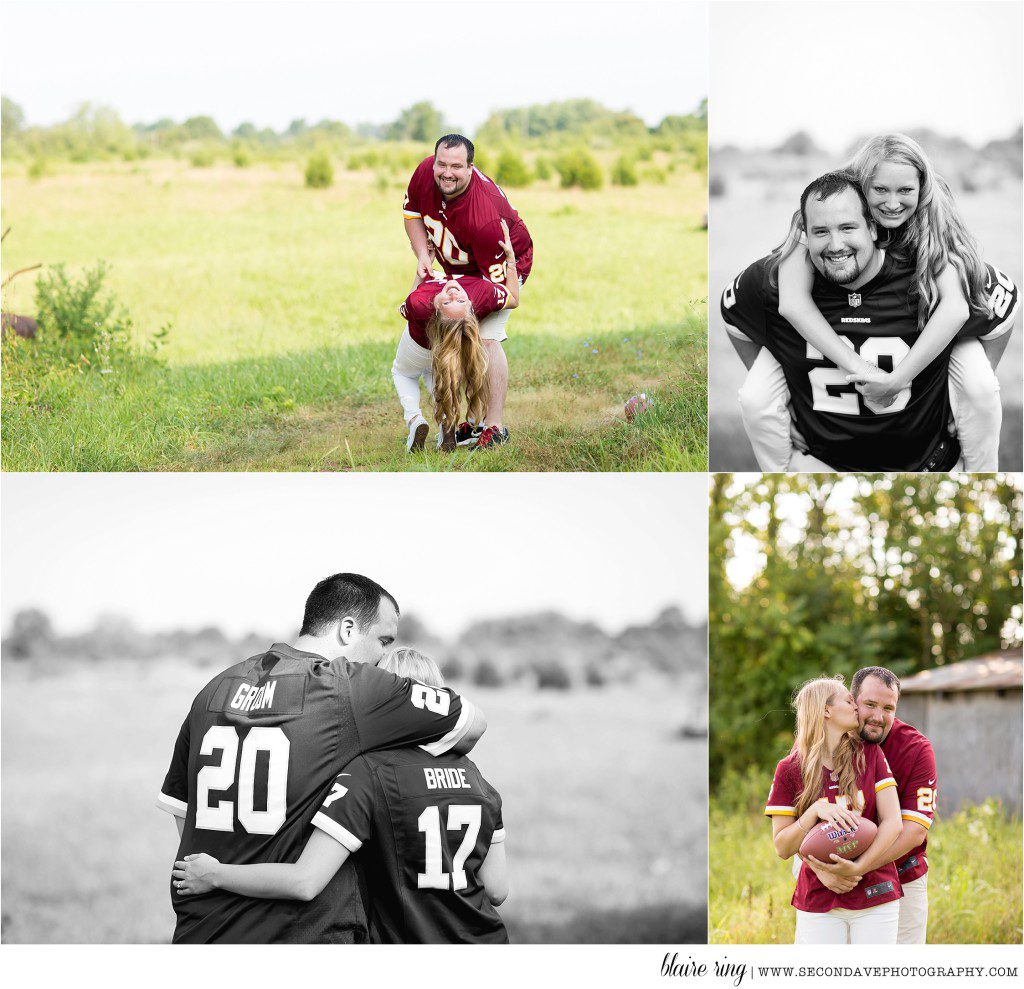 World's biggest Redskins fans engagement session in Loudoun County. Natural poses and beautiful candid moments.