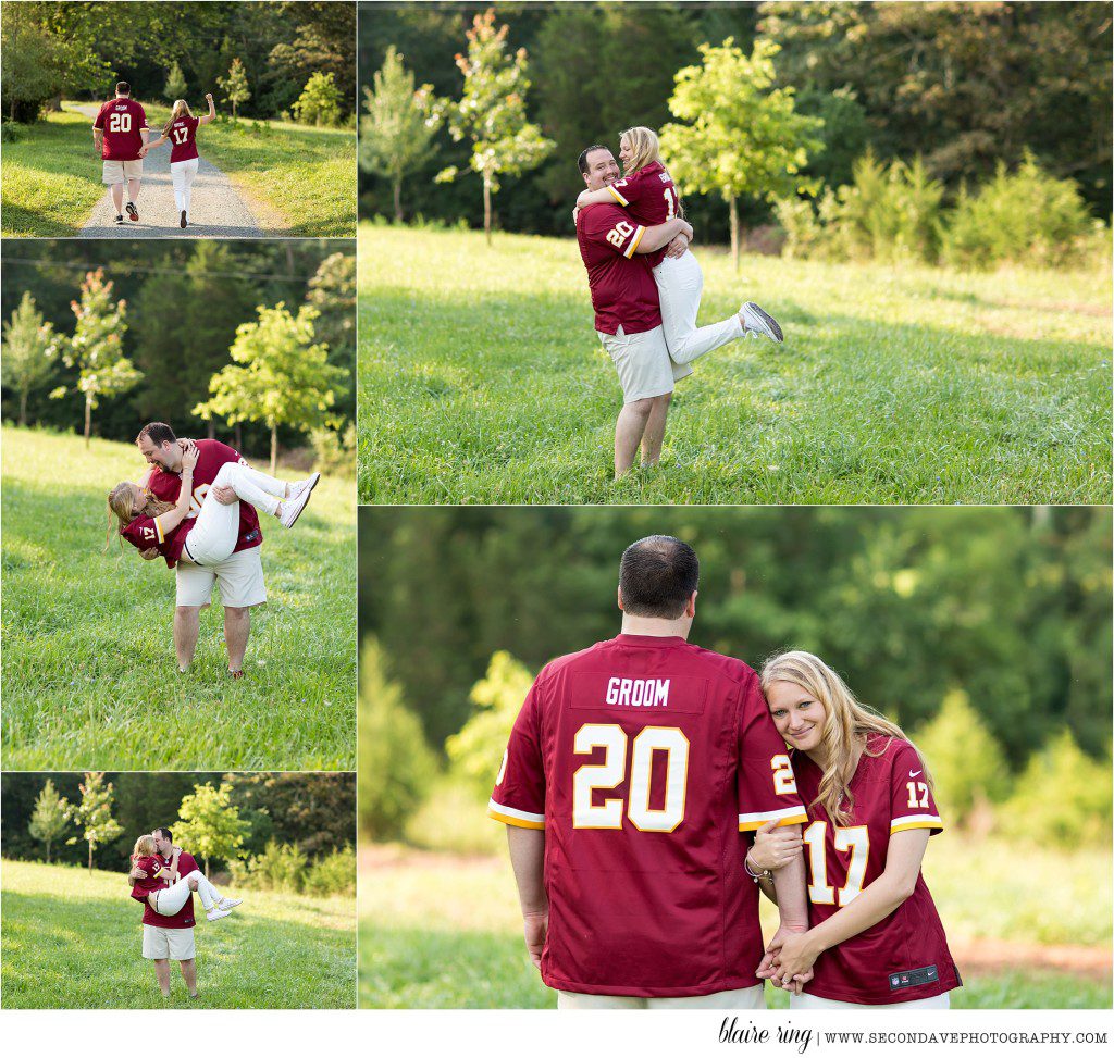 World's biggest Redskins fans engagement session in Loudoun County. Natural poses and beautiful candid moments.