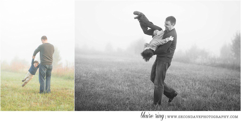 Sunrise in the fog at 48 Fields with family of four by Blaire Ring, photographer in Loudoun County.