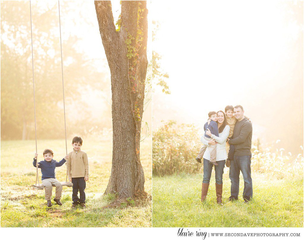 Sunrise in the fog at 48 Fields with family of four by Blaire Ring, photographer in Loudoun County.