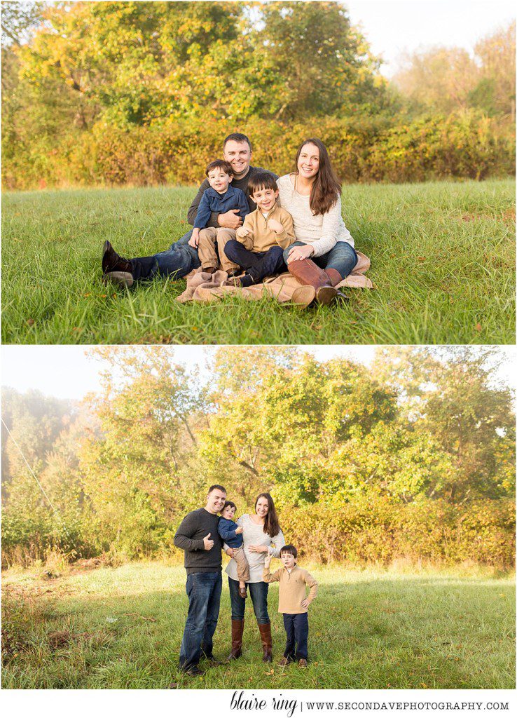 Sunrise in the fog at 48 Fields with family of four by Blaire Ring, photographer in Loudoun County.