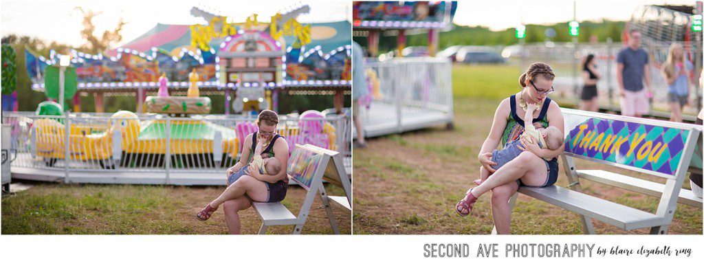 Breastfeeding Photographer in Loudoun County documents two moms nursing at the carnival at One Loudoun for the Public Breastfeeding Awareness Project.
