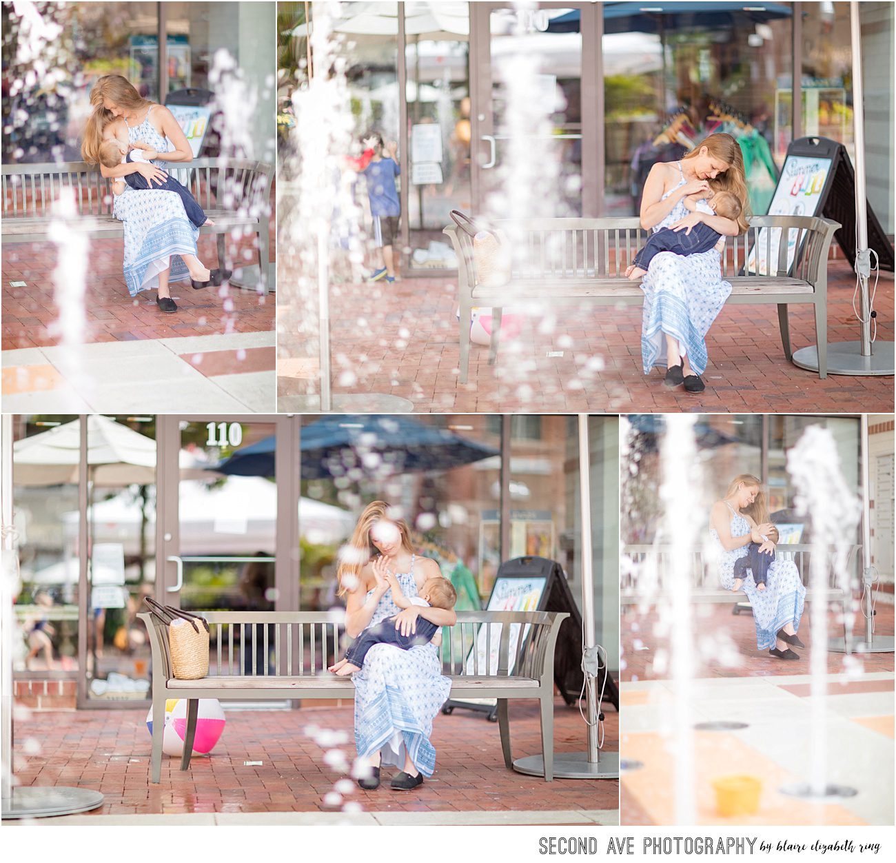 A mother breastfeeding her son at the fountains with Leesburg VA Breastfeeding Photographer offering both private and #PBAP2016 sessions.