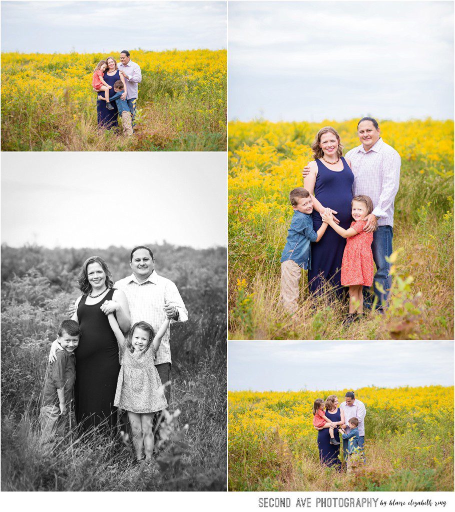 Northern Virginia maternity photographer photographs soon-to-be family of 5 in a yellow wildflower field in Western Loudoun County.