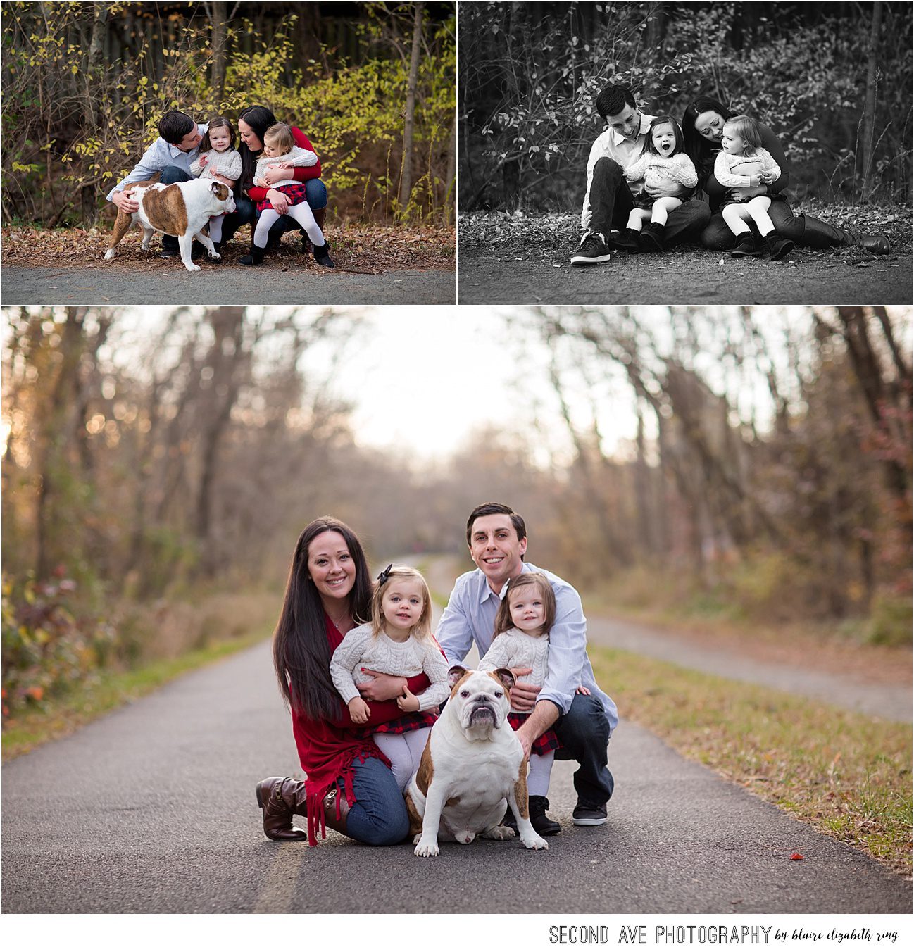 Family of four plus their bulldog is photographed by Northern Virginia family photographer on the W&OD trail showing the beauty of every day locations.