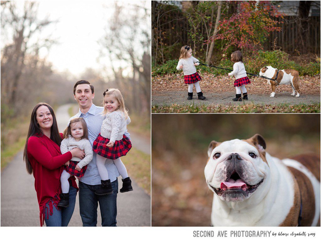 Family of four plus their bulldog is photographed by Northern Virginia family photographer on the W&OD trail showing the beauty of every day locations.