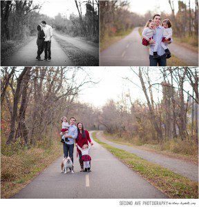 Family of four plus their bulldog is photographed by Northern Virginia family photographer on the W&OD trail showing the beauty of every day locations.