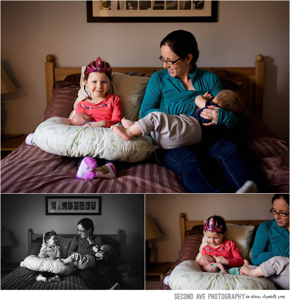 Northern Virginia breastfeeding photographer captures mother and young daughter breastfeeding their babies. Quiet moments of bonding beautifully captured.