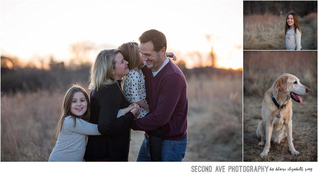Family of four plus a yellow lab races to sunset during this gorgeous session. Fairfax VA family photographer now booking through summer 2018.
