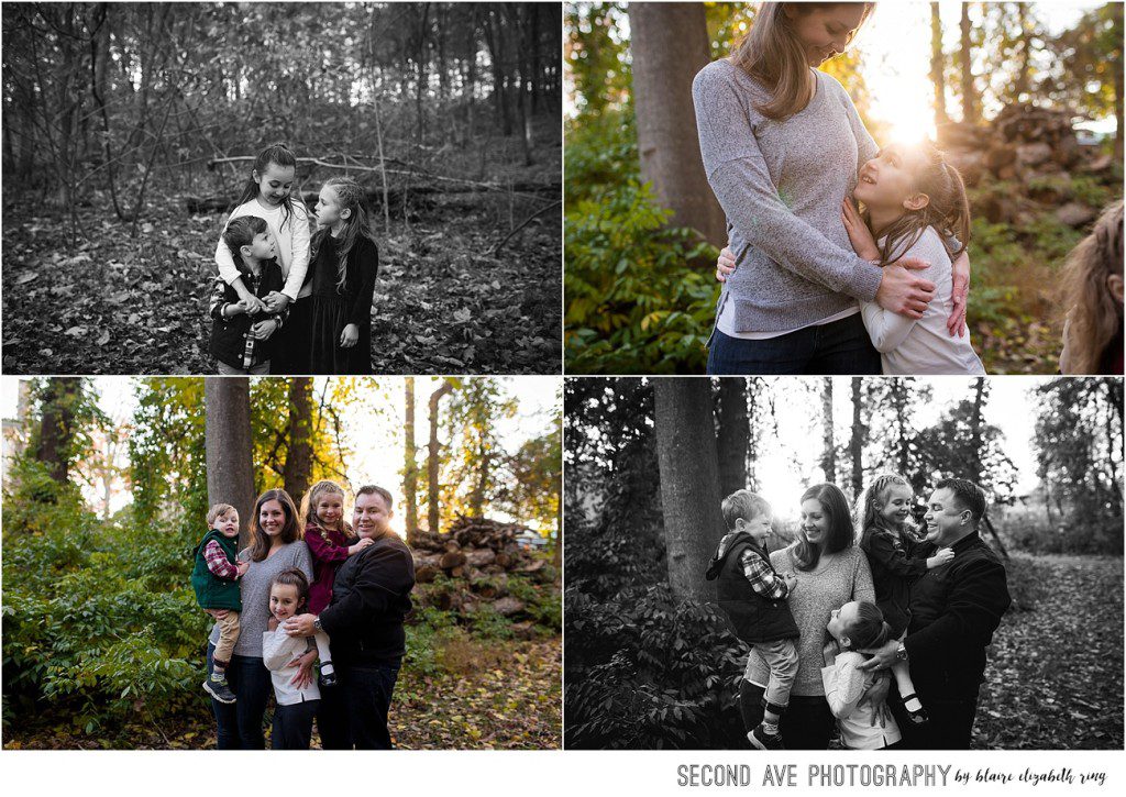 Family of five in natural location by Washington DC family photographer. Beautiful sunlight at the end, and unique photos of each child's personality.