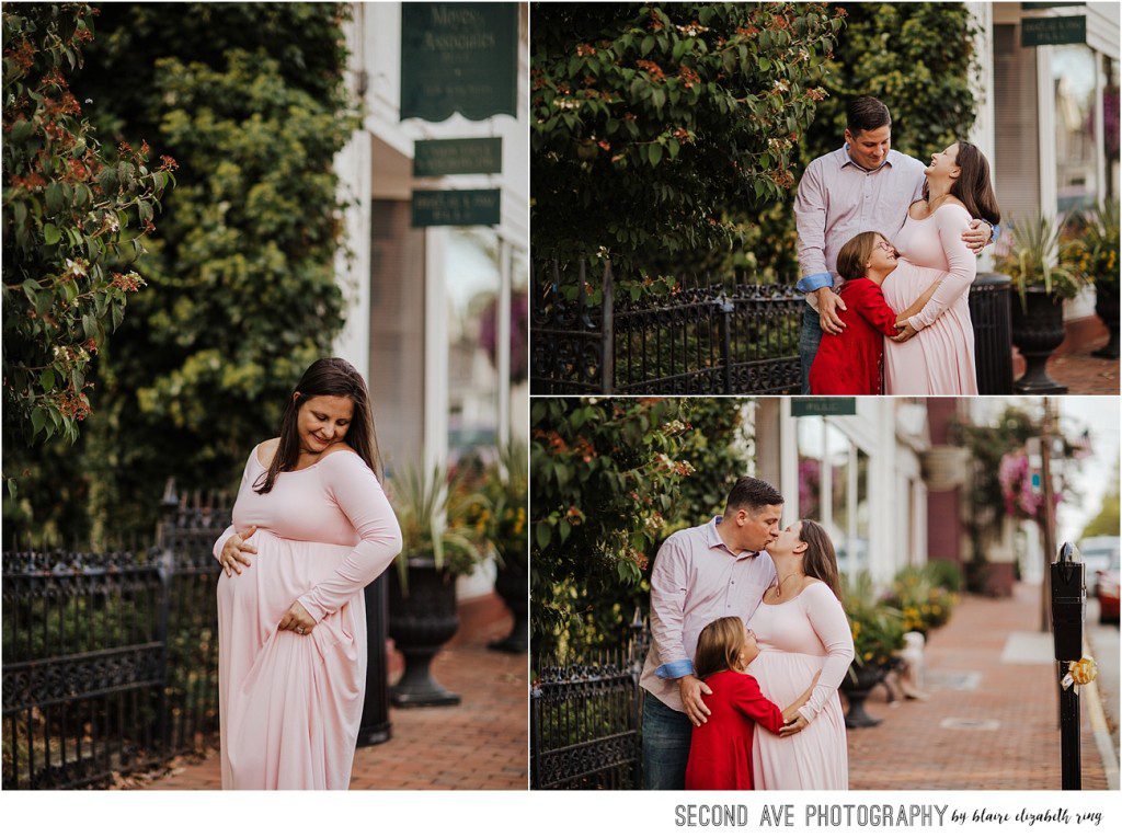 Family of three with one on the way in downtown Leesburg at 'golden hour', plus a random cat, by Northern Virginia maternity photographer.