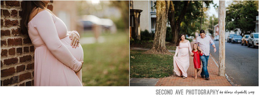 Family of three with one on the way in downtown Leesburg at 'golden hour', plus a random cat, by Northern Virginia maternity photographer.