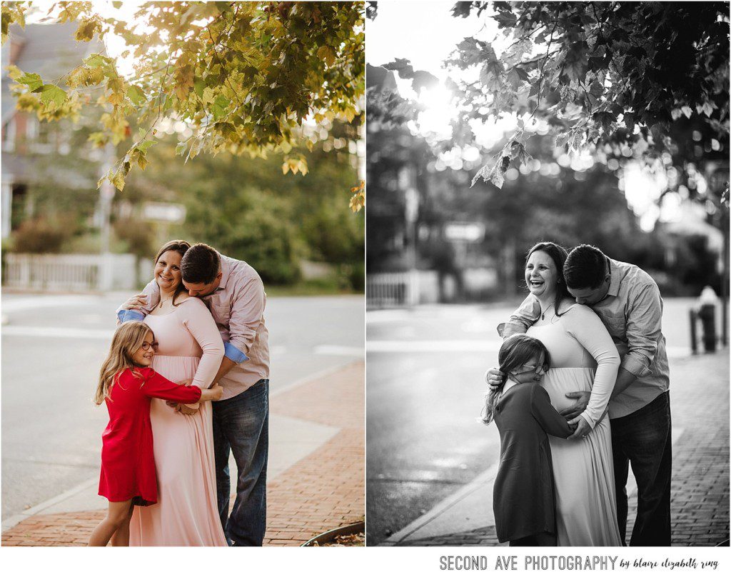 Family of three with one on the way in downtown Leesburg at 'golden hour', plus a random cat, by Northern Virginia maternity photographer.