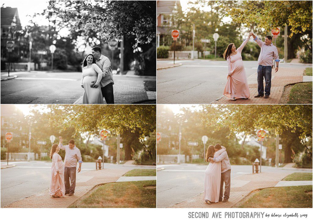 Family of three with one on the way in downtown Leesburg at 'golden hour', plus a random cat, by Northern Virginia maternity photographer.