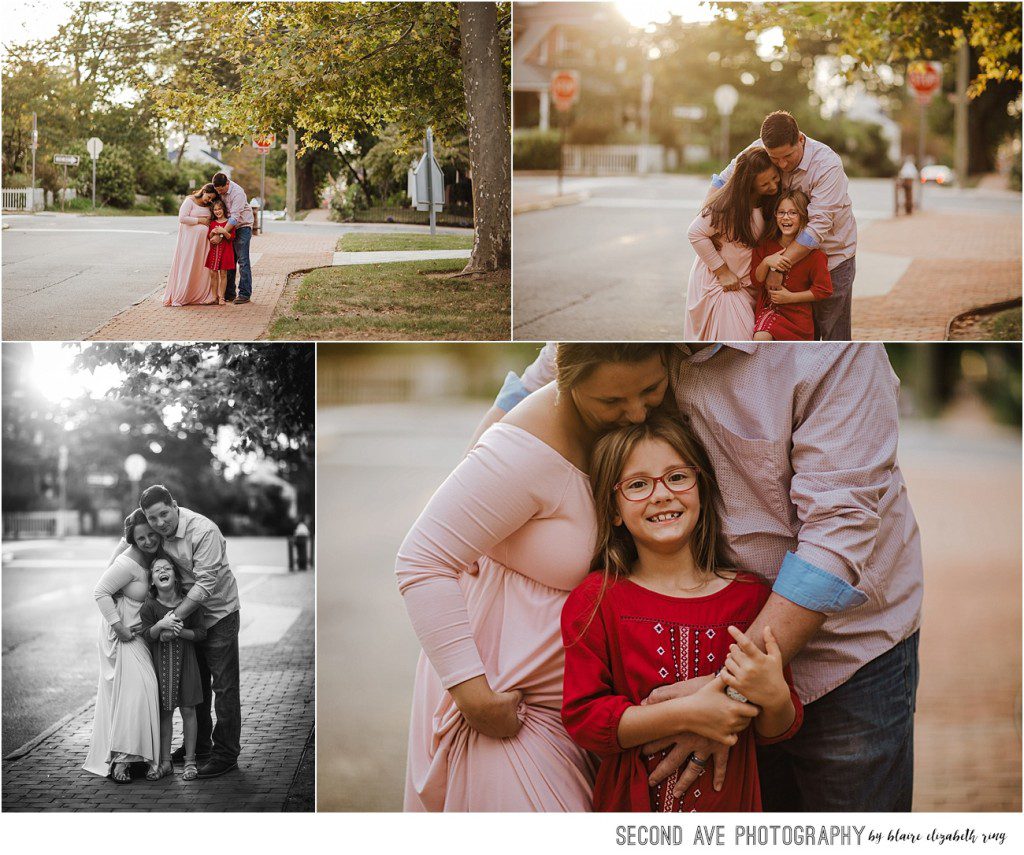 Family of three with one on the way in downtown Leesburg at 'golden hour', plus a random cat, by Northern Virginia maternity photographer.