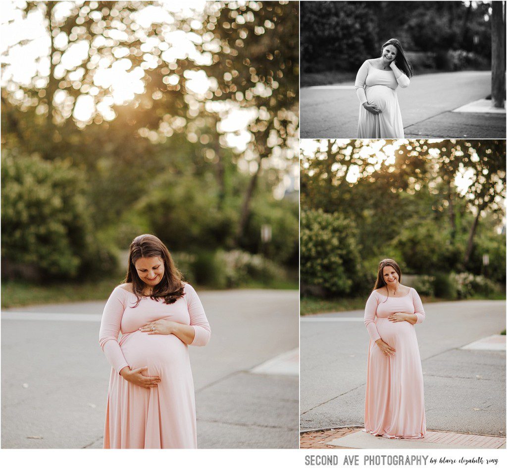 Family of three with one on the way in downtown Leesburg at 'golden hour', plus a random cat, by Northern Virginia maternity photographer.