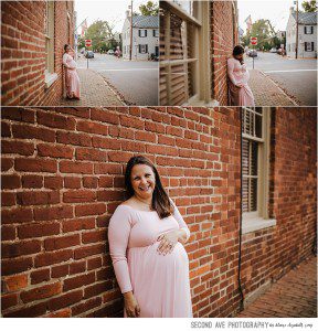 Family of three with one on the way in downtown Leesburg at 'golden hour', plus a random cat, by Northern Virginia maternity photographer.