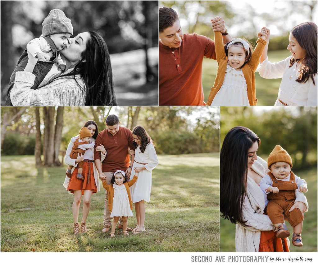 Blended family of 5 perfectly coordinates Fall inspired outfits at the last minute for a sunshine filled family session with Leesburg VA photographer.