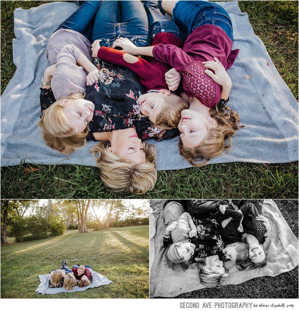 Natural family portraits of mom and 3 kids by photographer in Leesburg VA.  Another example of working a little before Golden Hour.