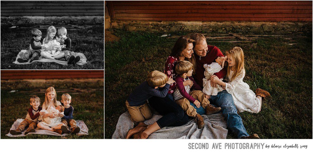 Baby girl makes 6 for this sweet family at their barn with Waterford VA newborn photographer at golden hour and stunning landscape.