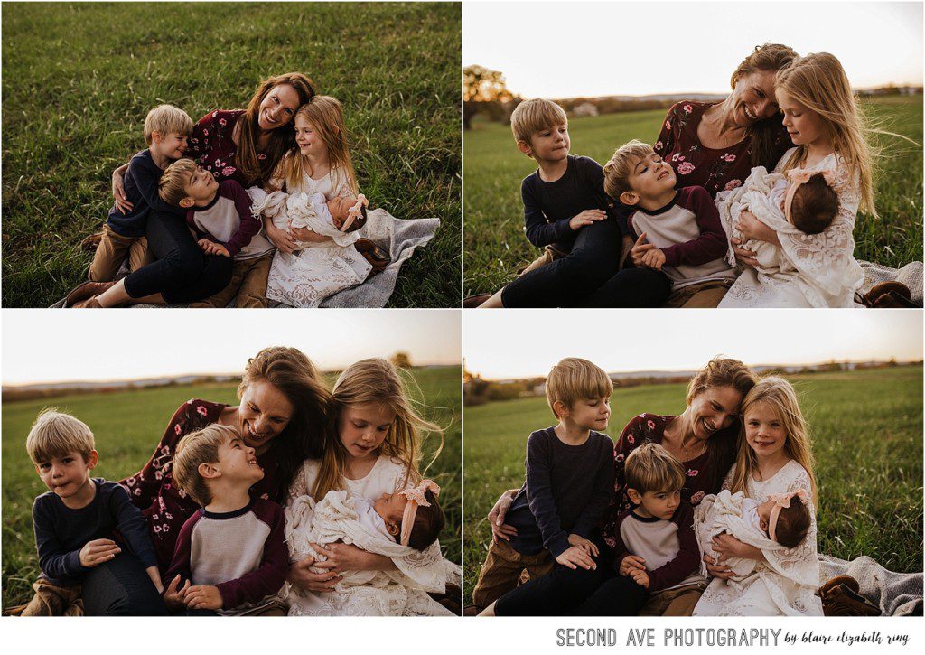 Baby girl makes 6 for this sweet family at their barn with Waterford VA newborn photographer at golden hour and stunning landscape.