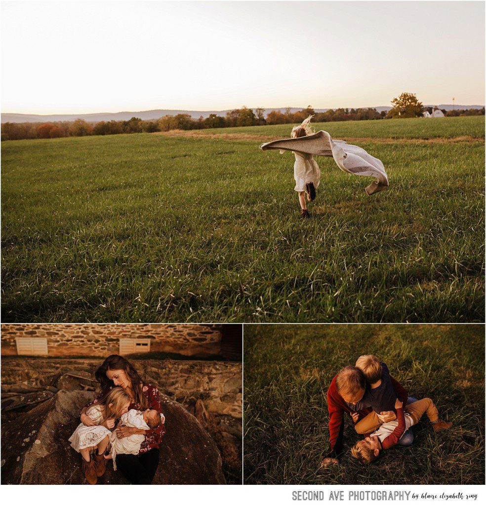 Baby girl makes 6 for this sweet family at their barn with Waterford VA newborn photographer at golden hour and stunning landscape.