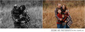 Family of four with Sterling VA family photographer. Overcast skies, evergreen fall backdrop, and perfectly coordinating outfits!