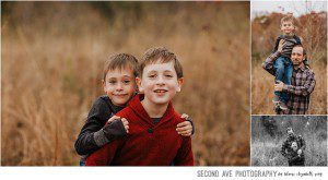 Family of four with Sterling VA family photographer. Overcast skies, evergreen fall backdrop, and perfectly coordinating outfits!