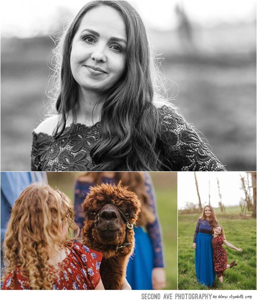 Family of 3 plus an alpaca at a beautiful field in Loudoun County during golden hour with Washington DC family photographer.