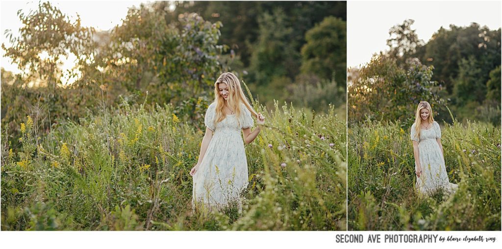 Northern Virginia High School Senior Photo Session during golden hour in natural grassy area with tall grass and setting sun.