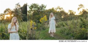 Northern Virginia High School Senior Photo Session during golden hour in natural grassy area with tall grass and setting sun.