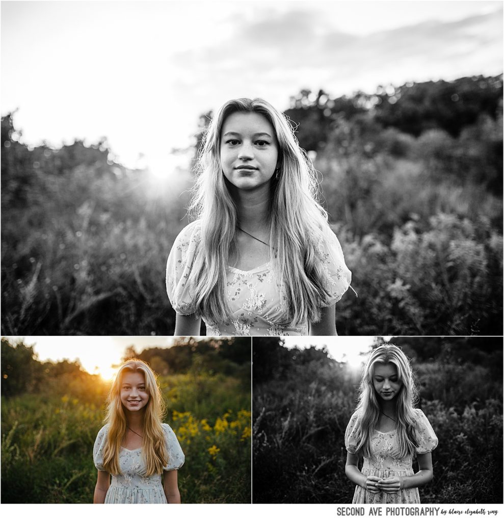 Northern Virginia High School Senior Photo Session during golden hour in natural grassy area with tall grass and setting sun.