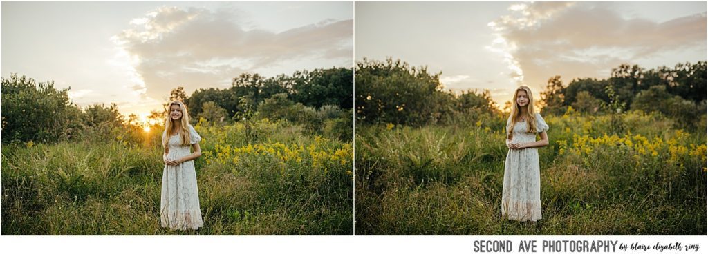 Northern Virginia High School Senior Photo Session during golden hour in natural grassy area with tall grass and setting sun.