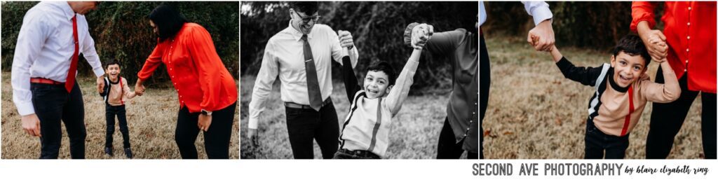 Family of 3 wearing white, black, and red in outdoor photos swinging son and laughing.