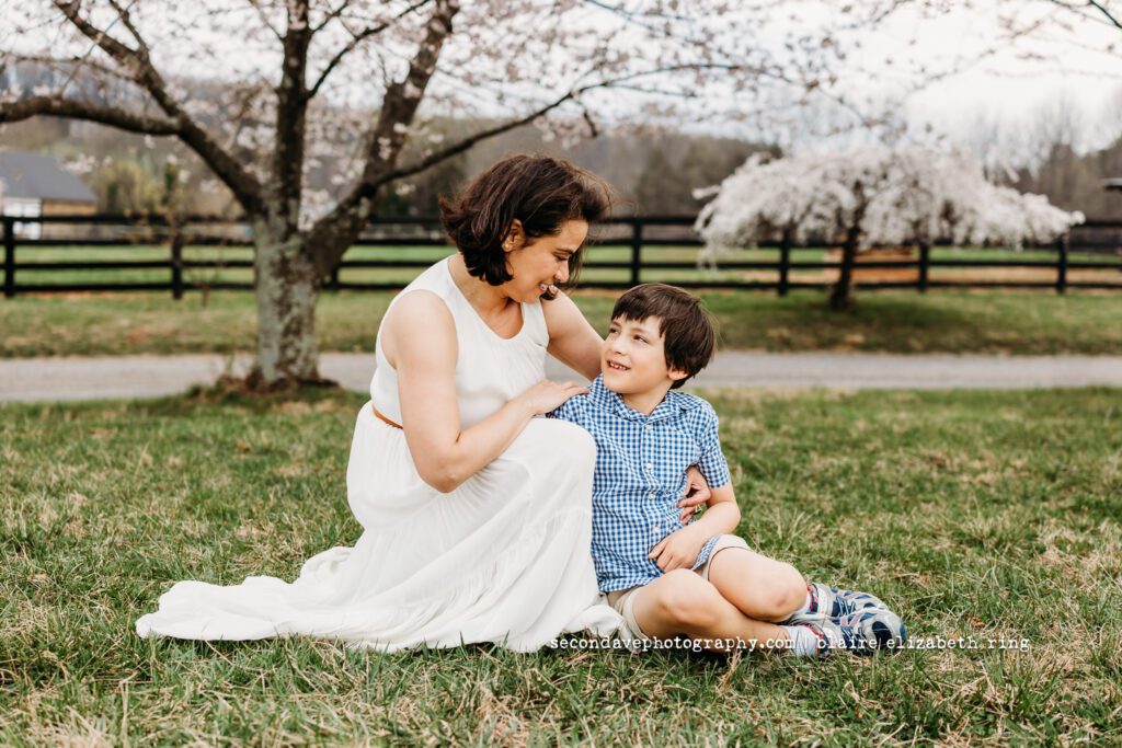 Mom and son photo with cherry blossoms in Leesburg Virginia.